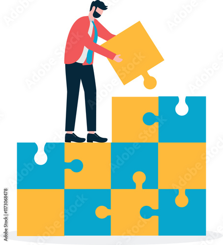 An arm holds the last piece of the puzzle ready to complete the game, This is a set of business illustrations
