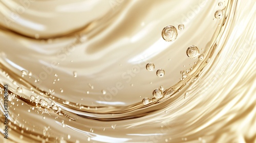 Surface water waves of liquid with golden light tone, texture of glitter water and soft waves with sun glare and ripple.
