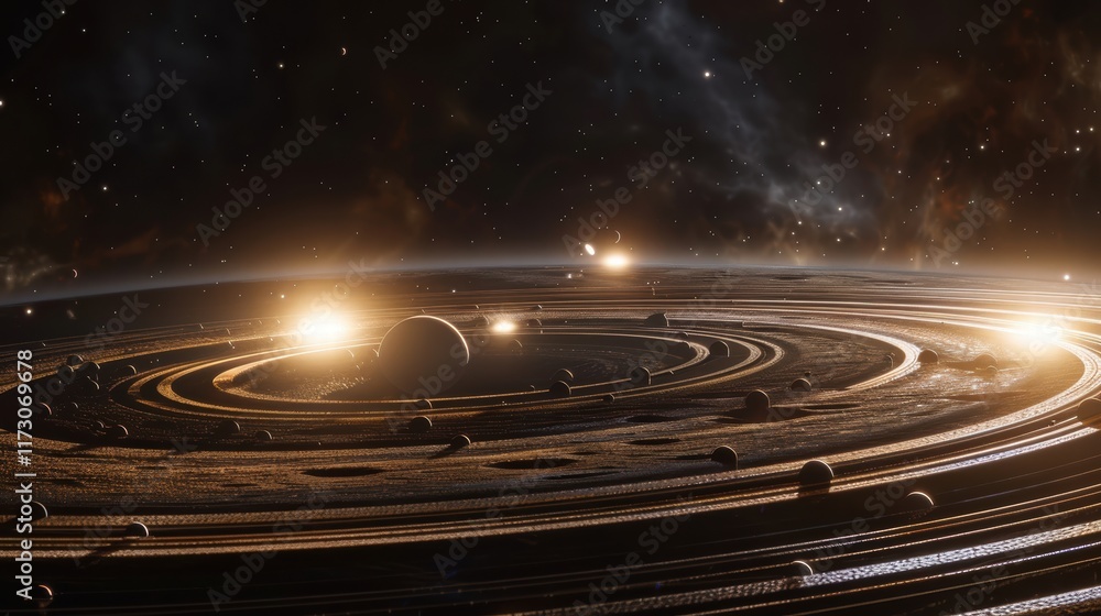 Fototapeta premium Artistic depiction of planets aligned in space with cosmic radiance