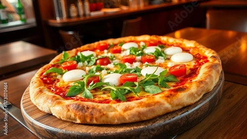 Wallpaper Mural A gourmet wood-fired pizza, topped with fresh mozzarella, cherry tomatoes, arugula, and shaved Parmesan, served on a rustic wooden board with a drizzle of olive oil Torontodigital.ca