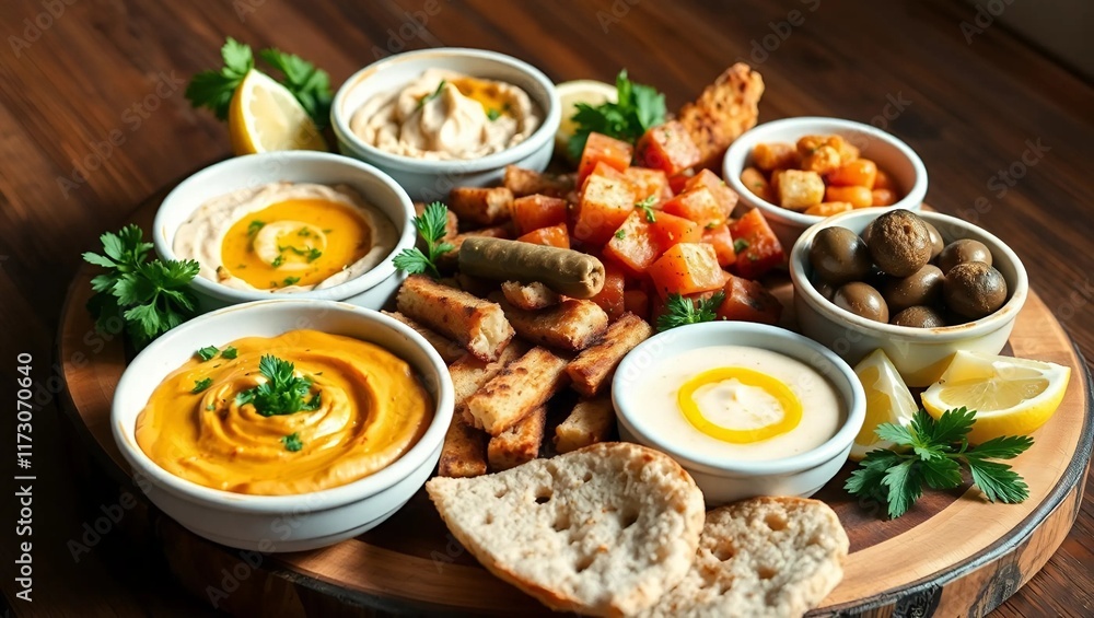 Mediterranean mezze platter featuring bowls of hummus, baba ghanoush, tabbouleh, falafel Mediterranean mezze platter featuring bowls of hummus, baba ghanoush, tabbouleh, falafel