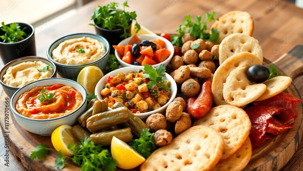 Mediterranean mezze platter featuring bowls of hummus, baba ghanoush, tabbouleh, falafel, stuffed grape leaves, olives, and warm pita bread Mediterranean mezze platter featuring bowls of hummus, baba ghanoush, tabbouleh, falafel, stuffed grape leaves, olives, and warm pita bread