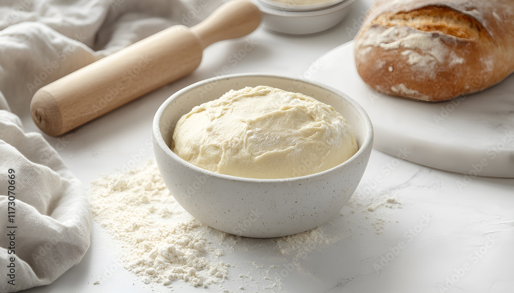 Bowl of fresh yeast dough with flour, rolling pin and fresh sourdough bread on white stone background. Baking, pastry concept Bowl of fresh yeast dough with flour, rolling pin and fresh sourdough bread on white stone background. Baking, pastry concept