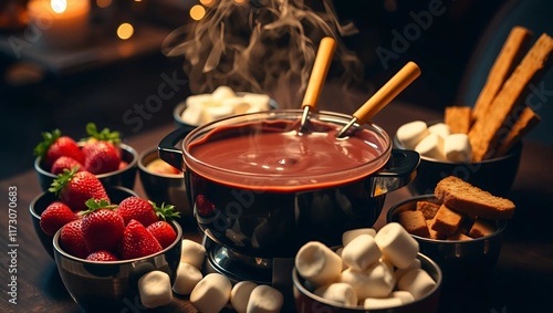  a decadent chocolate fondue set, featuring a pot of rich, melted dark chocolate surrounded by bowls of fresh strawberries, banana slices, marshmallows, and biscotti