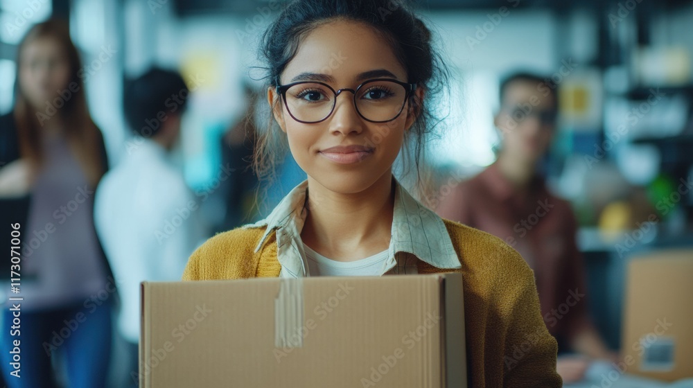 Women in an office scene, one holding a cardboard box with a focused expression, the setting enhanced by soft lighting and neutral colors Women in an office scene, one holding a cardboard box with a focused expression, the setting enhanced by soft lighting and neutral colors