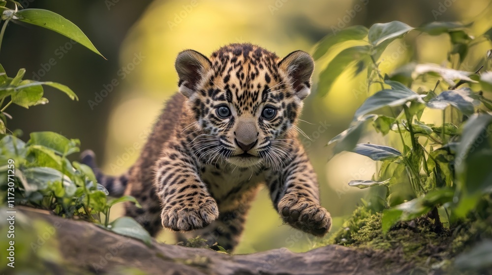 Fototapeta premium A playful jaguar cub leaps through lush greenery, showcasing its vibrant spots and curious nature.