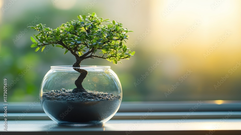 Closeup of a miniature tree in a glass terrarium indoor setting nature photography soft lighting Closeup of a miniature tree in a glass terrarium indoor setting nature photography soft lighting