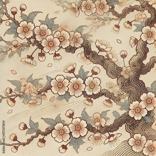 Japanese woodblock print style illustration of beautifully detailed blossom trees photo