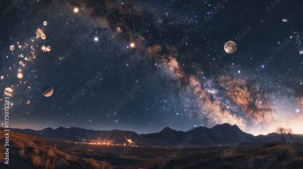 Fototapeta premium Artistic depiction of planets aligned in space with cosmic radiance