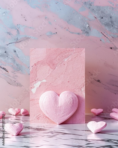 Pink greeting card with heart shape standing on marble table. MZ