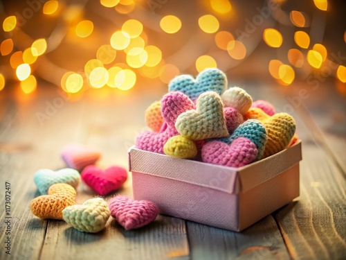 Adorable Crochet Heart Gift Box, Miniature Tilt-Shift Photography photo