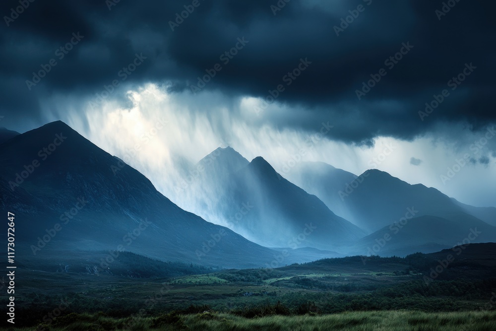 Fototapeta premium Dramatic storm rolling over mountain range in a dark atmosphere capturing the intensity of nature’s fury landscape photography majestic viewpoint awe-inspiring concept