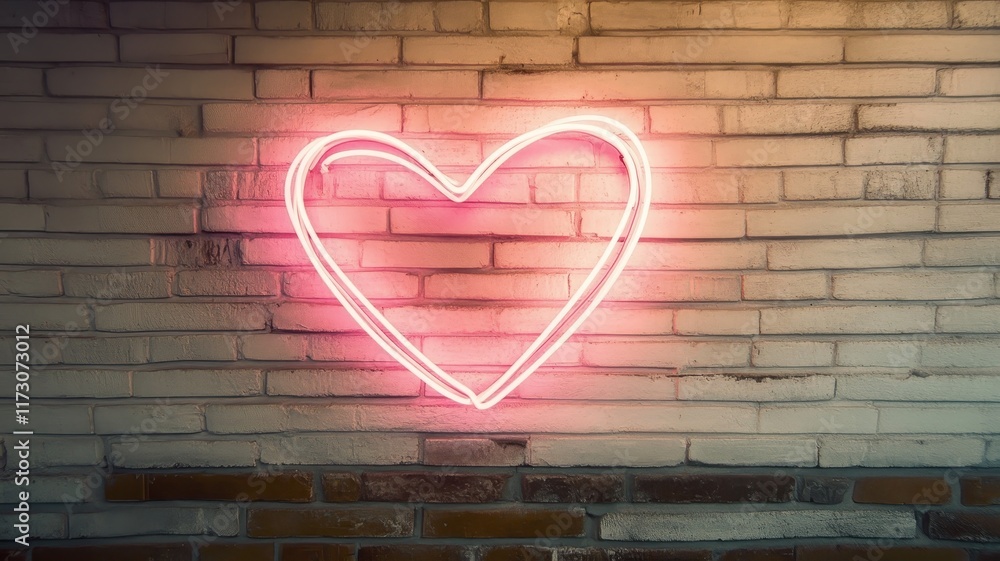 Glowing neon heart sign in pink blurred brick wall urban decor modern aesthetic warm atmosphere Glowing neon heart sign in pink blurred brick wall urban decor modern aesthetic warm atmosphere