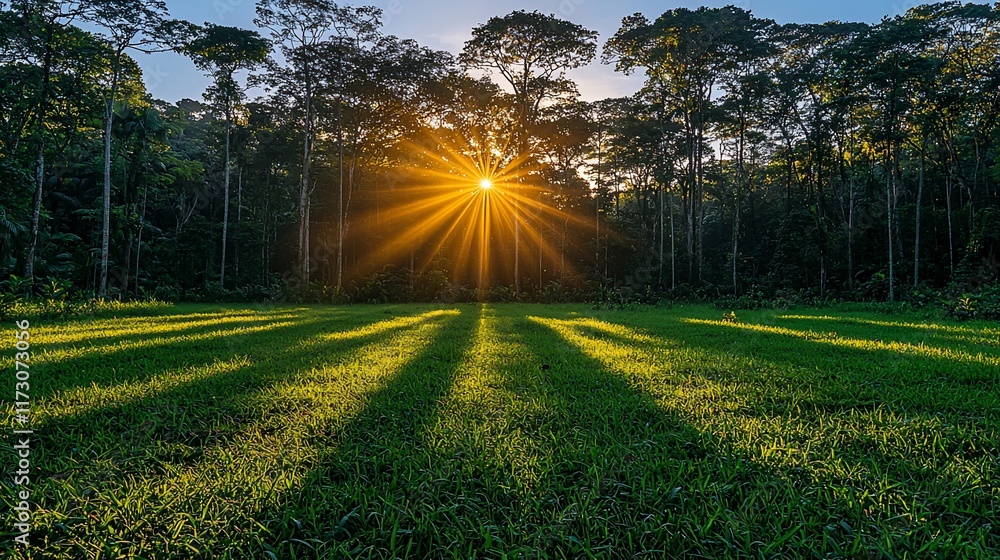 Obraz premium Sunset rays through rainforest trees illuminating a grassy clearing.