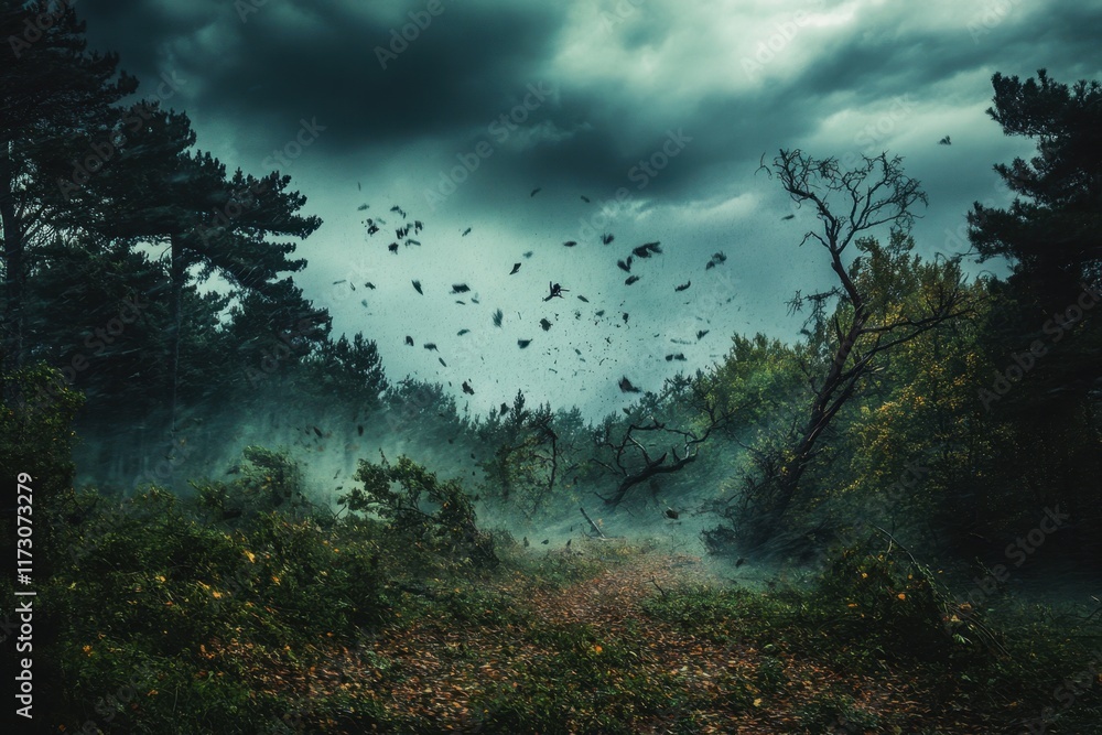 Fototapeta premium A violent windstorm sweeps through a dense forest capturing nature's fury in a dramatic scene evoking raw power and chaos amidst the trees