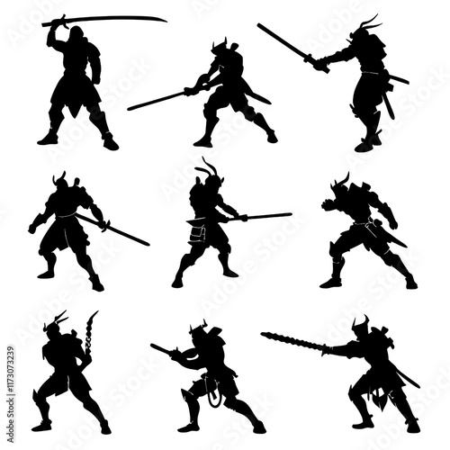 Cyber Samurai Silhouette Set – High-Tech Samurai Warrior Illustrations for Digital Projects photo