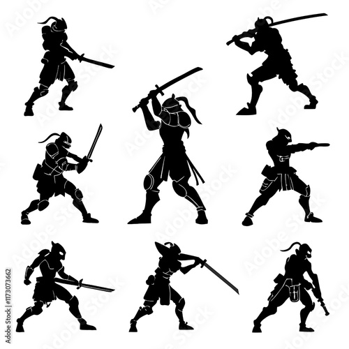 Cyber Samurai Illustration Bundle – Futuristic Samurai Silhouettes for Digital Designs photo