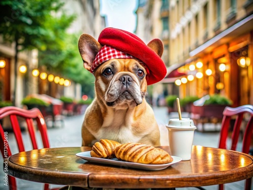 Fototapeta Naklejka Na Ścianę i Meble -  Adorable French Bulldog in Red Beret at Parisian Cafe with Croissants