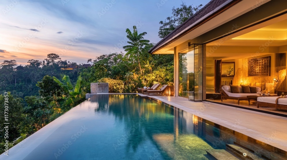 Sophisticated villa design with light-filled interiors, seamless pool access, and lush jungle views blending luxury and nature Sophisticated villa design with light-filled interiors, seamless pool access, and lush jungle views blending luxury and nature