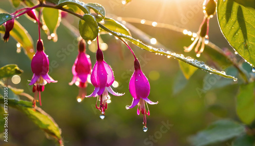 Colorful fuchsia flowers glisten with morning dew in a sunlit garden setting