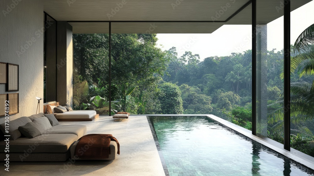 Fototapeta premium Spacious villa living room with contemporary decor, large windows overlooking a pool, and a jungle view beyond.