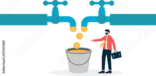 Three taps pour tap water into buckets, This is a set of business illustrations

