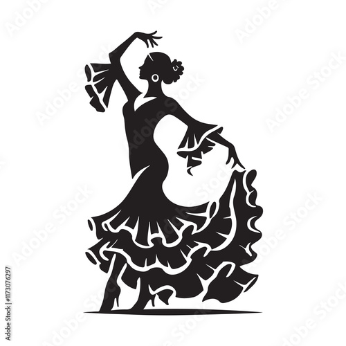 Flamenco Silhouette Vector Illustration, Solid White Background.
