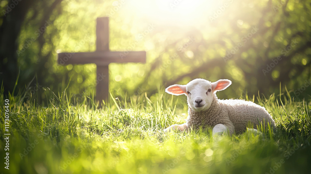 A serene lamb resting in a green pasture, with a wooden cross in the background. A soft halo of light surrounds the lamb, symbolizing innocence, purity, and sacrifice in a peaceful, sacred setting.