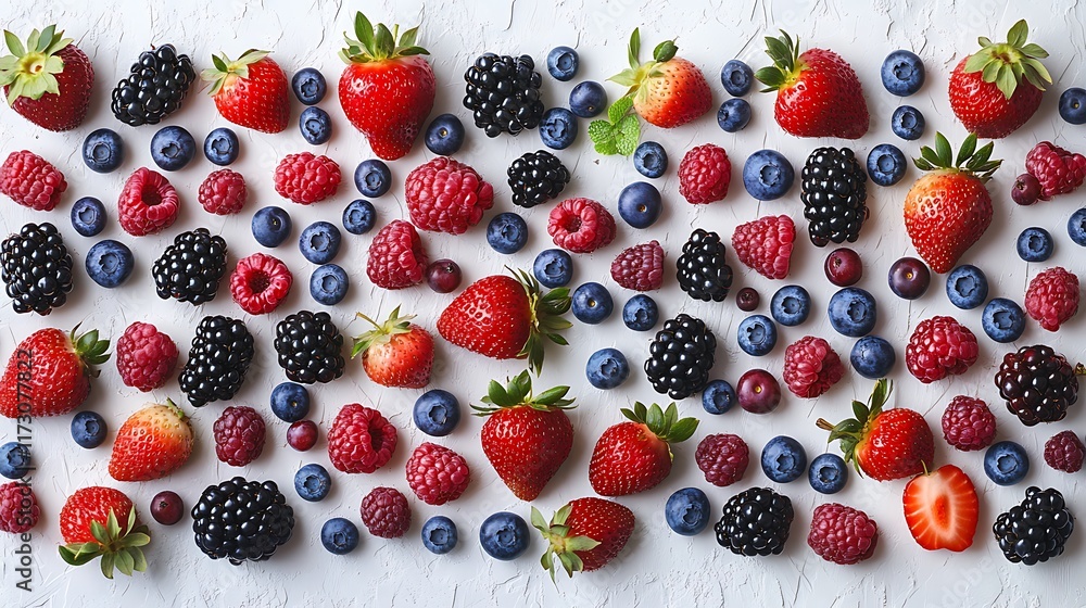 Collection of mixed berries including strawberries blueberries raspberries and blackberries neatly arranged on a seamless white background to highlight their vibrant colors Collection of mixed berries including strawberries blueberries raspberries and blackberries neatly arranged on a seamless white background to highlight their vibrant colors