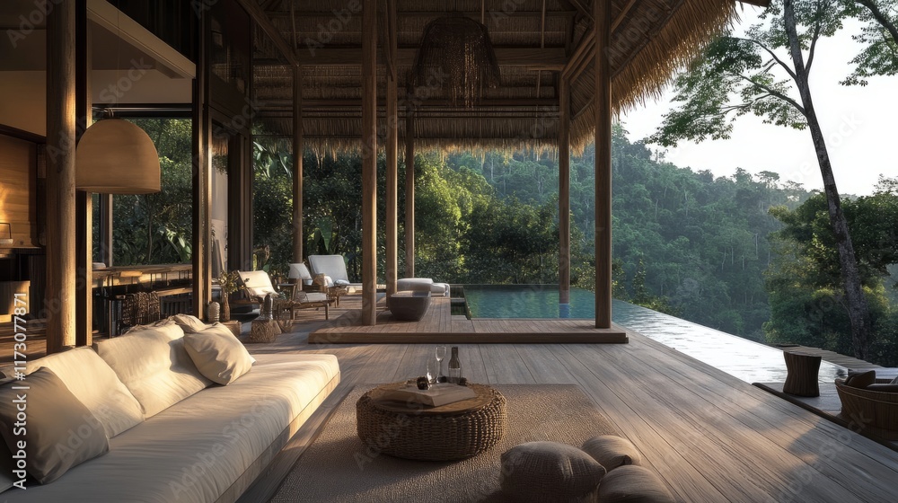 Villa interior filled with light, featuring a spacious living area, sleek modern furniture, and views of the pool and jungle. Villa interior filled with light, featuring a spacious living area, sleek modern furniture, and views of the pool and jungle.