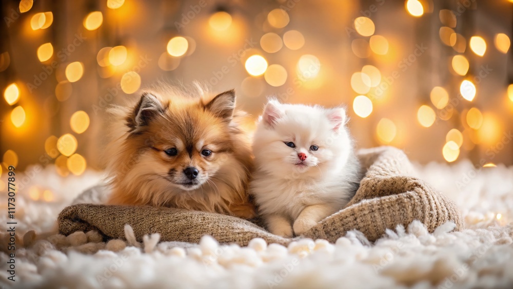 Adorable Pomeranian Puppy and Kitten Napping Under a Blanket on Festive Background Adorable Pomeranian Puppy and Kitten Napping Under a Blanket on Festive Background