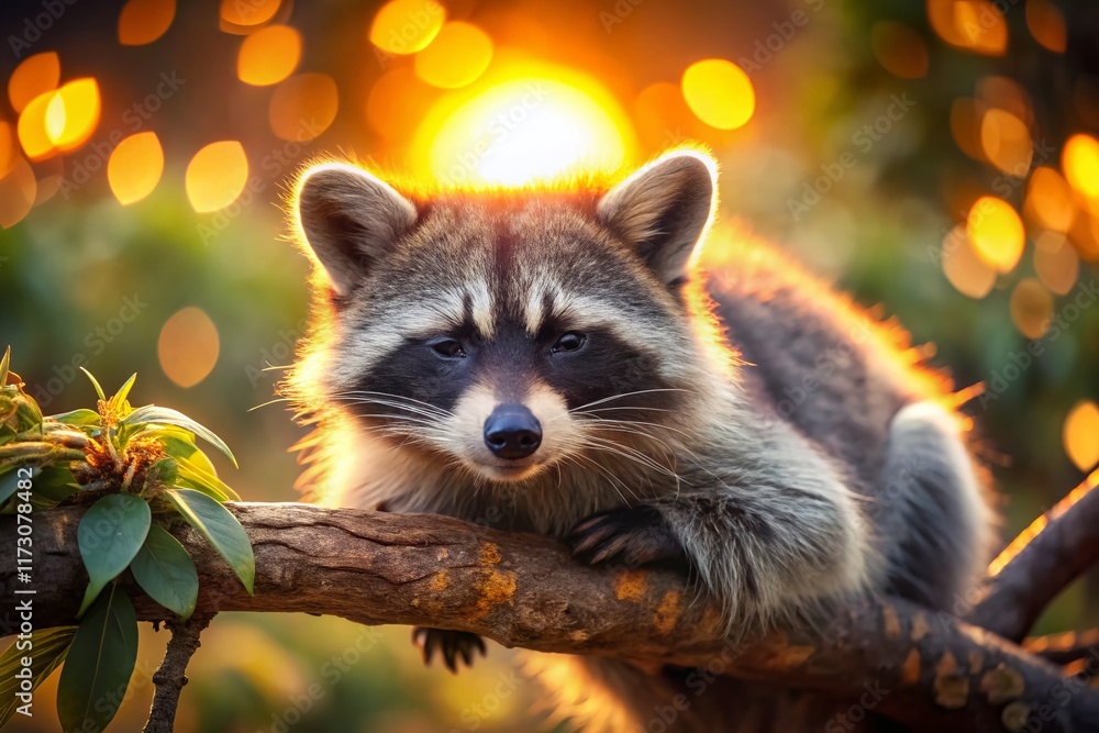 Adorable Raccoon Resting on Tree Branch with Bokeh Background - Cute Wildlife Stock Photo Adorable Raccoon Resting on Tree Branch with Bokeh Background - Cute Wildlife Stock Photo