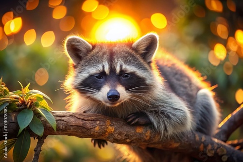 Adorable Raccoon Resting on Tree Branch with Bokeh Background - Cute Wildlife Stock Photo photo