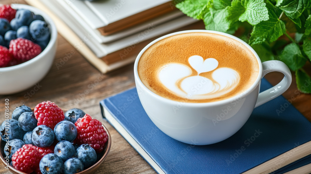 latte with frothy heart design and fresh berries