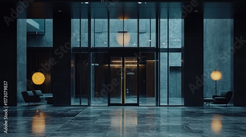 Modern, minimalist lobby with large windows and dark tones.  Empty, spacious interior design with polished stone floor, concrete pillars, and glass doors.  Contemporary architecture, high-end, commerc photo