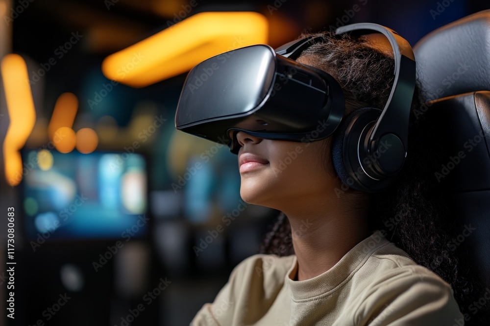 Young girl experiencing virtual reality in a gaming setup with immersive technology Young girl experiencing virtual reality in a gaming setup with immersive technology