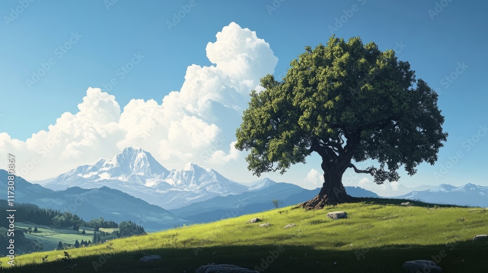 Lone tree on a hilltop overlooking mountains under a blue sky with fluffy clouds. Lone tree on a hilltop overlooking mountains under a blue sky with fluffy clouds.