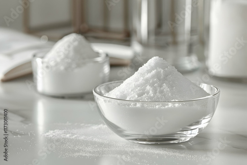 Baking soda in glass bowls on white marble table.