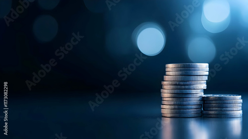 Glowing blue money coins with business diagram graph chart background photo