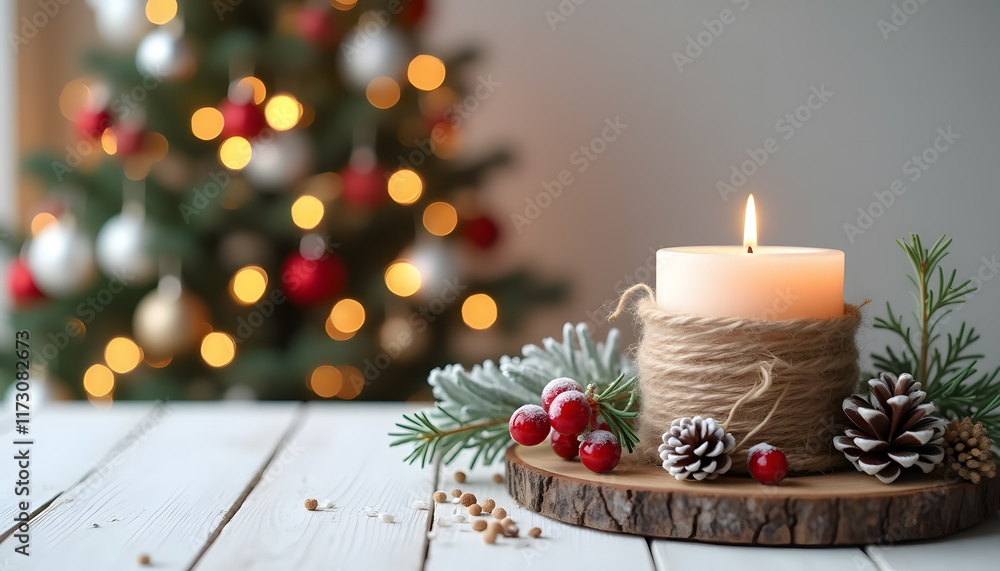 Cozy Holiday Scene with Candle and Christmas Tree Lights Cozy Holiday Scene with Candle and Christmas Tree Lights
