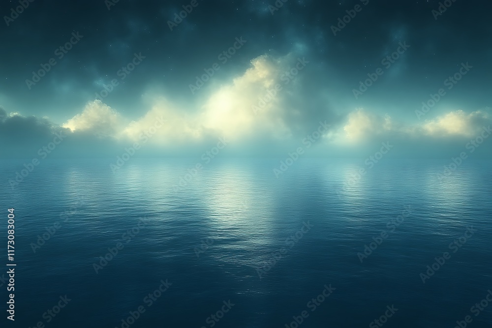 Serene night seascape with clouds reflecting on calm water. Serene night seascape with clouds reflecting on calm water.