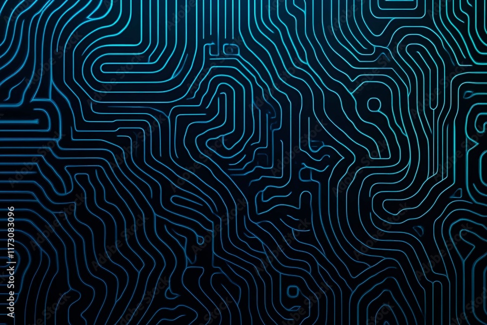 Obraz premium Abstract close-up of a glowing blue digital circuit board, showcasing intricate connections and technological design on a black background.