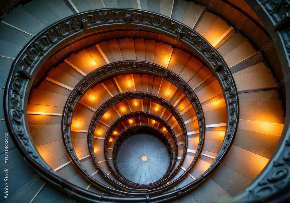 Fototapeta premium Spiraling staircase illuminated by warm lights in a historic building