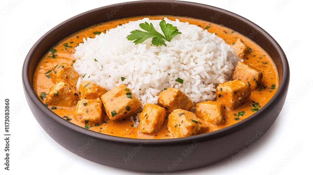 Delicious chicken curry served with fluffy white rice in a brown bowl. Delicious chicken curry served with fluffy white rice in a brown bowl.