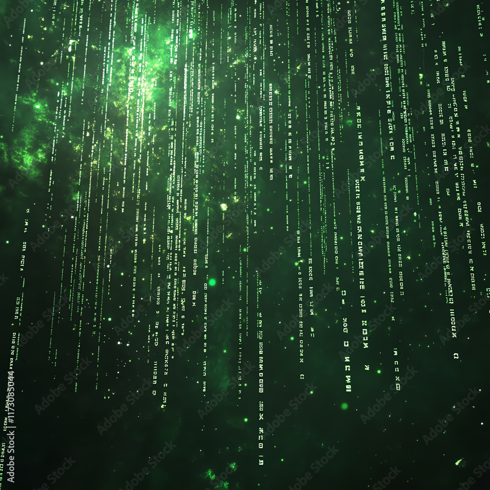 Green digital rain with binary code and glowing particles on a dark background Green digital rain with binary code and glowing particles on a dark background