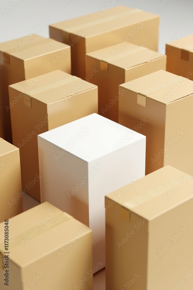 A single white box partially hidden amongst brown cardboard boxes, box, space, isolated A single white box partially hidden amongst brown cardboard boxes, box, space, isolated