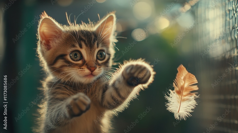 A playful kitten reaching for a feather toy in a sunlit environment. A playful kitten reaching for a feather toy in a sunlit environment.