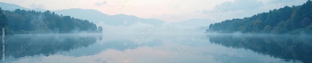 Calm lake surface reflects serene sky with misty veil, nature photography, mist over lake Calm lake surface reflects serene sky with misty veil, nature photography, mist over lake