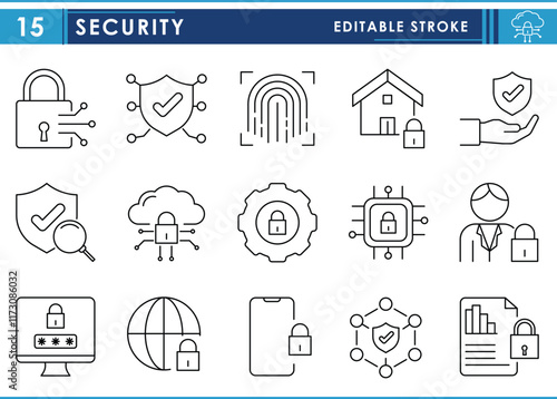 A set of line icons related to Security. Data, home, digital, encrypt, fingerprint, document, cloud data, smartphone, shield, network, and so on. Vector editable stroke.