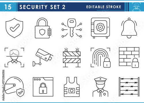 A set of line icons related to Security. Shield, lock, face, recognition, CCTV, helmet, firewall, vest, fingerprint, barrier, and so on. Vector editable stroke.